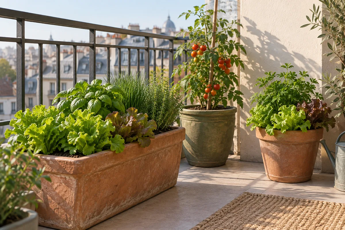 Illustration d’un balcon avec des herbes, des salades et un plant de tomate en pots